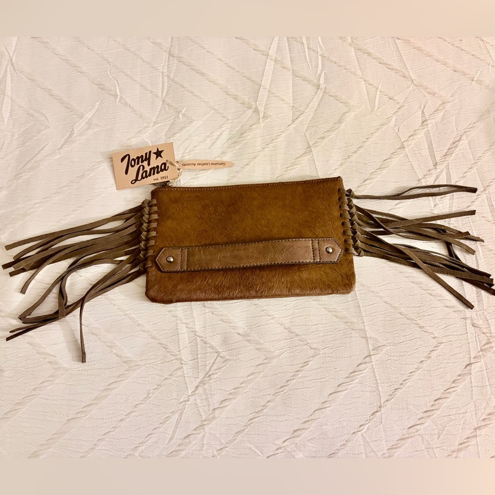 Tony Lama Brown Leather calf hair fringe western clutch purse NWT